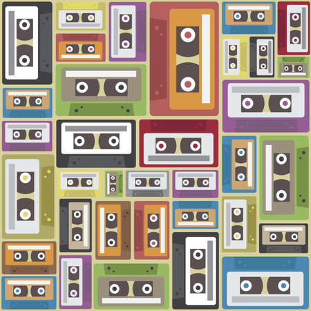 Seamless audio cassette tape pattern. 1980s retro technology background. Vector and illustration design.のイラスト素材