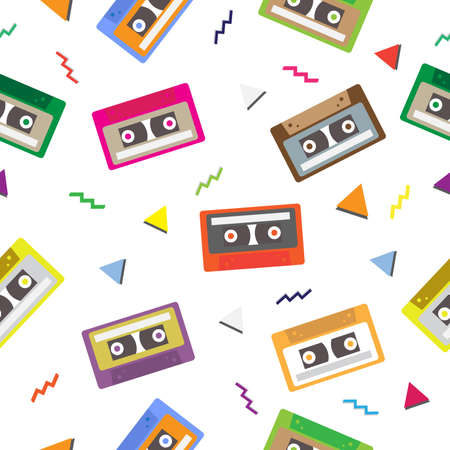Seamless audio cassette tape pattern. 1980s retro technology background. Vector and illustration design.のイラスト素材
