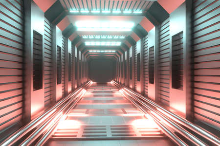 Abstract sci-fi tunnel background. Futuristic hallway warehouse garage with neon lighting. 3D...