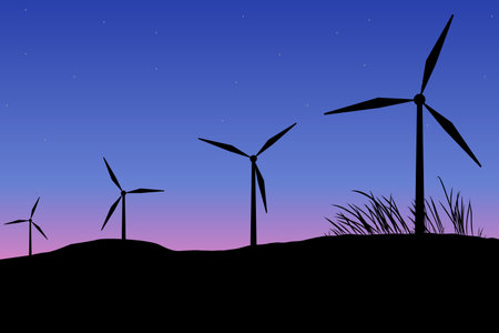 Green energy concept. Landscape view of silhouette wind power turbine with sunset in background. Vector and illustration design.のイラスト素材