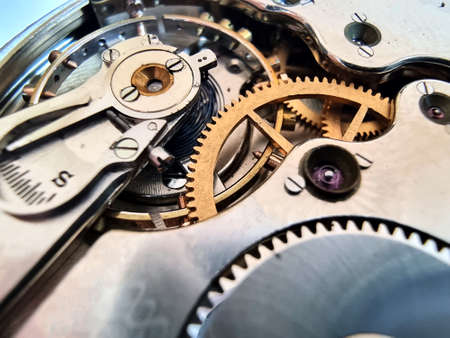Close up of vintage railroad grade old pocket watch movement.の写真素材