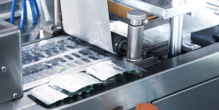 Capsule blister packing machine. Production line of medical capsule drug. Pharmaceutical industry.