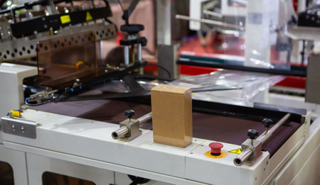 Shrink film package wrapping machine. Wraping packaging of box. Industrial warehouse.