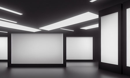 Empty frames in gallery. Abstract interior white wall frames for presentation or advertisement. 3D...