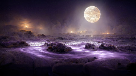 Fantasy full moon background with ocean. Wave of sea in starry night. 3D rendering image.の写真素材