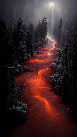 Mystery background red river flowing in dark forest. Fantasy fairytale outdoor red river with moonlight background. 16:9 phone wallpaper. 3D rendering image.の写真素材