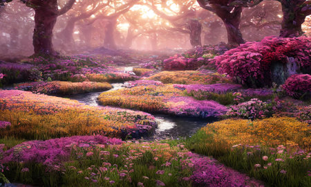 Fantasy fairy tale flower in forest background. Fabulous fairytale outdoor garden with sunlight and fog background. 3D rendering image.の写真素材