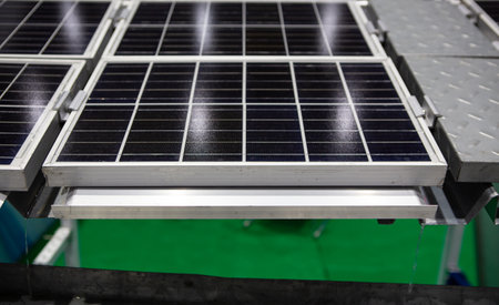 Close-up of Photovoltaic panel system installation with rain gutter. Solar cell panel.