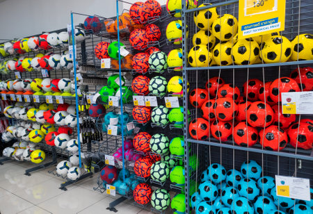 Bangkok, Thailand - September 19, 2022:  Various football display on shelves in sport shop.のeditorial素材