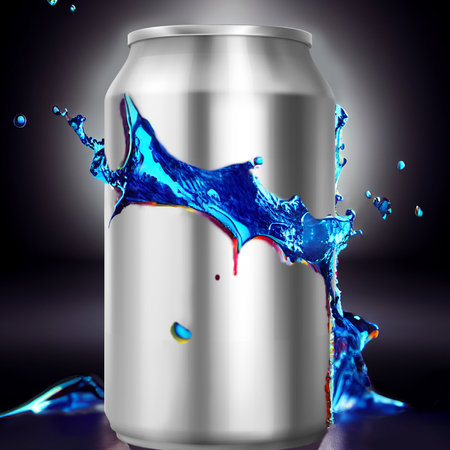 Beverage drink can with water splash on black background. 3D rendering image.