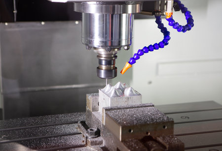 High precision CNC milling machine cutting plastic workpiece. Industrial manufacture.