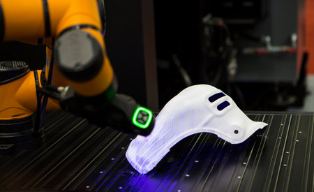 Automated 3D measurement. Robot perform 3D scan on workpiece. Industrial manufacture.