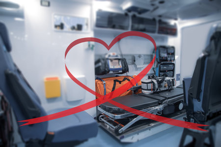 Interior of an ambulance with bed and patient care equipment. Illustration with heart ribbon.の写真素材