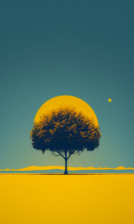 Countryside landscape background.  View of tree and yellow meadow. Illustration image.の写真素材