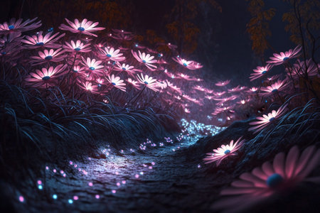 Beautiful pink flower blooming in dark forest. Illustration image.の写真素材