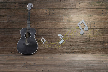 Acoustic guitar with music notes flying in old wooden room. 3D illustration.の写真素材