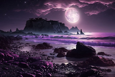 Beautiful sea landscape with full moon background. Dark beach natural scene with moonlight.の素材