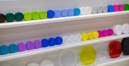 Colorful of plastic bottle caps, Production of plastic products made of PVC polymers. Industrial manufacturing.の写真素材