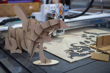 Digital die cut machine cutting corrugated cardboard products. Industrial manufacture.