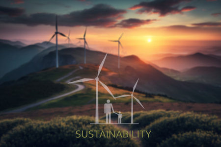 Sustainable energy concept backgrounds. Wind turbines with illustration of sustainable energy logo.