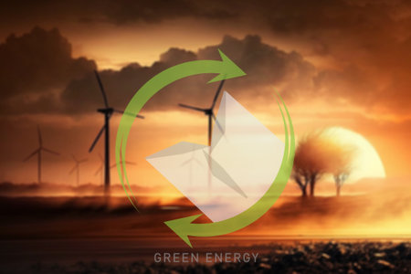 Clean energy concept backgrounds. Wind turbines with illustration of clean energy logo.の写真素材