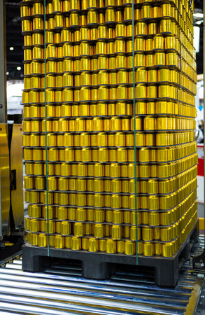 Golden canned food stacking on plastic pallet. Food industry.の写真素材