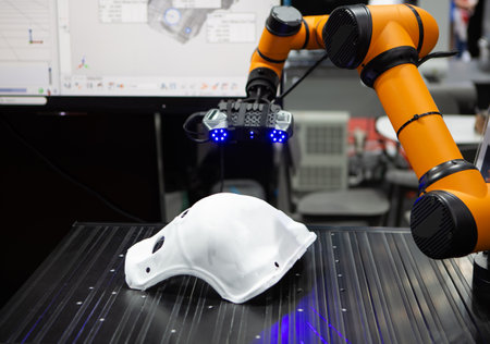 Automated 3D scanning. Robot perform 3D scan on workpiece. Industrial manufacture.