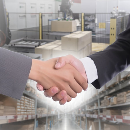 Businessmen shaking hands on abstract logistic and warehouse concept. Commercial agreement. Teamwork and partnership.の写真素材