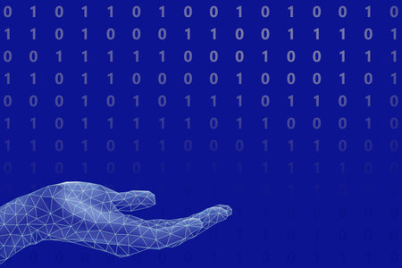 Binary code on blue background with plexus lines hand. 3D illustration image.の写真素材