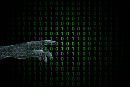 Green binary code on black background with plexus lines hand. 3D illustration image.の写真素材