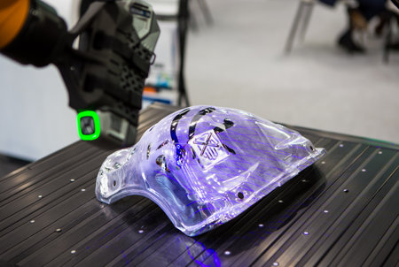Automated 3D measurement. Robot perform 3D scan on workpiece. Industrial manufacture.