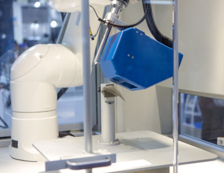 Optical measuring scanner inspecting automotive part. Industrial manufacturing.の写真素材