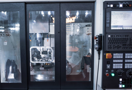 CNC machining center cutting automotive engine part. Industrial manufacturing metalwork.