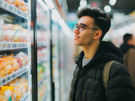 Young man shopping in grocery store. Generative AIの素材