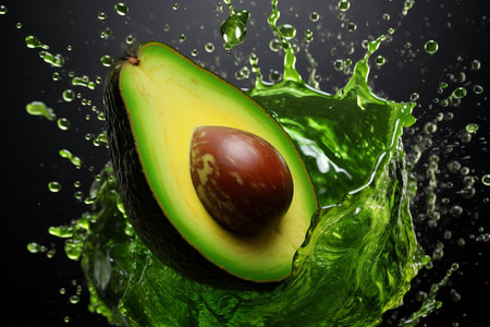 Fresh avocado drop on the water. Green water splash on the avocado. Generative AI.の素材