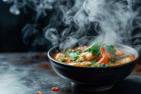 Tom Yum Kung in a black bowl. Spicy prawn soup. Traditional Thai food on dark background. Generative AIの素材