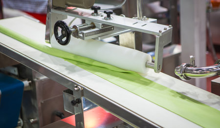 Dough rolled on conveyor preparing for steamed stuffed bun.の写真素材