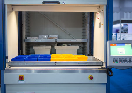 Vertical storage ergonomic solution. Automated storage and retrieval system. Modern industrial...
