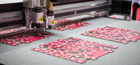 Digital cutting machine cutting food packaging. Printing industry