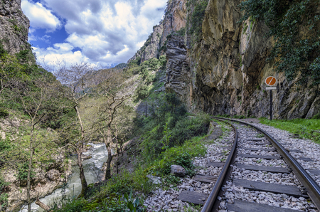 Hiking man in the Vouraikos gorge, Peloponnese - Greece. Diakofto Kalavryta odontotos rack railwayのeditorial素材