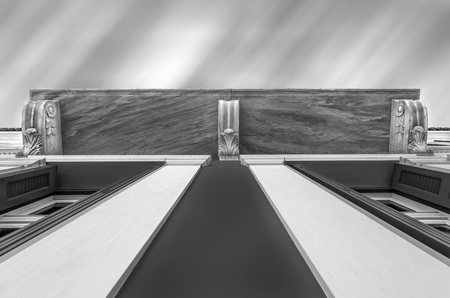 Plaka, Athens / Greece. Looking up into the sky below a house in Plaka, Athens. Black and whiteの写真素材