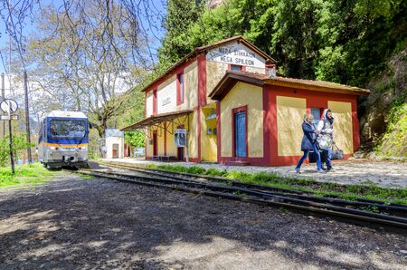 The Odontotos train at the Mega Spileon station in Zachlorou villageのeditorial素材