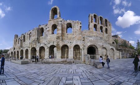 Athens, Attica / Greece - October 21, 2018: Facade of the Odeon of Herodes Atticus (or Herodeon). It is a stone theater structure located on the southwest slope of the Acropolis. Panoramic viewのeditorial素材