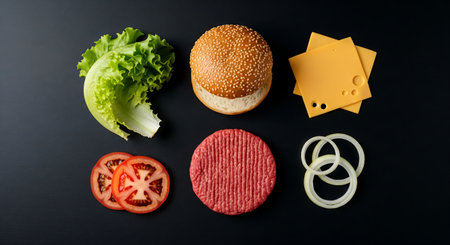 Ingredients for hamburger on black background. Top view, flat layの素材