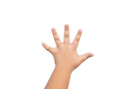 children hand is mean to say hi, five, hand up isolated on white backgroundの写真素材