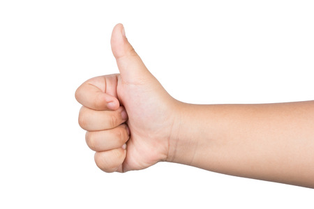 children hand with thumb up isolated on white backgroundの写真素材
