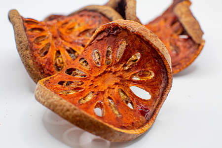 dried quince on white backgroundの写真素材