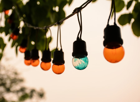 Light bulb turned on sunset sky background