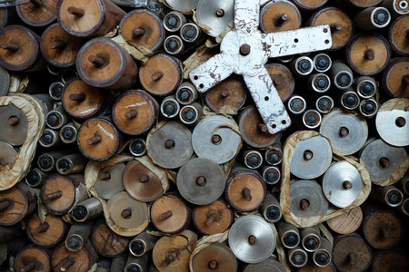 Leg of dining table made of wood, stainless steel. Put aside.の写真素材