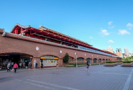 TAMSUI, TAIWAN - July 16, 2018 - Outer facade of the Tamsui MRT station. A commute to this MRT station brings you to Tamsui Fisherman's wharf and Tamsui old streetのeditorial素材